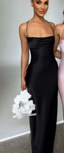 Cowl Neck Satin Maxi Dress with Thigh Slit Premium Satin Sleeveless Sexy Backless Lace Up Dress