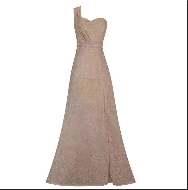 One-shoulder Sleeveless Bronzing Split Dress Women's Clothing
