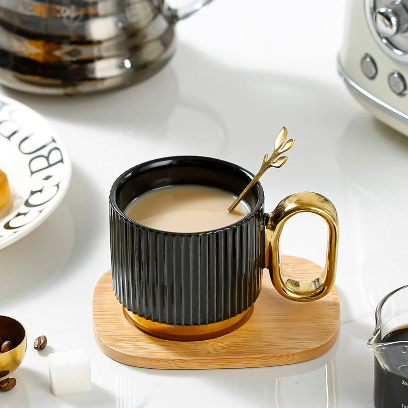 Ribbed Ceramic Coffee Mug with Wooden Saucer & Gold Spoon Set Ceramic Mug Household Afternoon Tea Coffee Cup