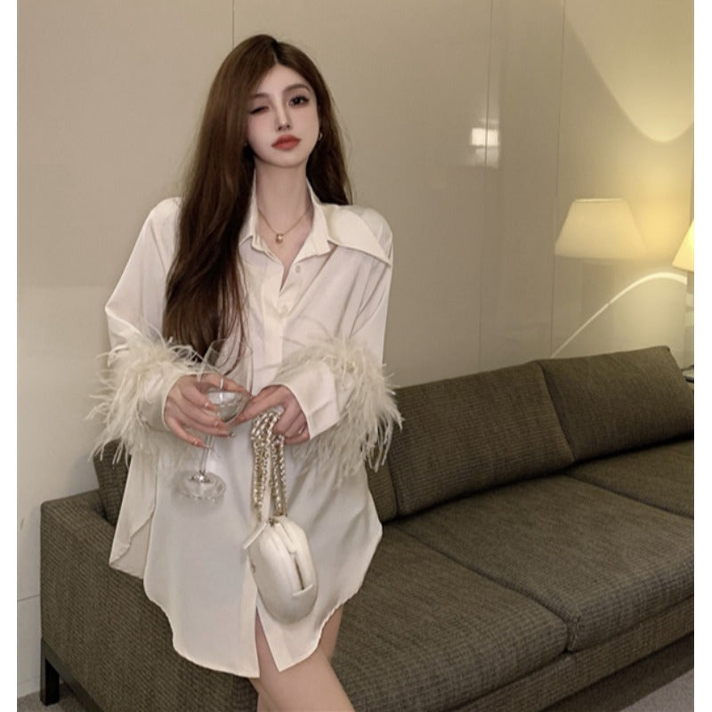 Fashion Mid-length Satin Shirt With Ostrich Fur Cuffs