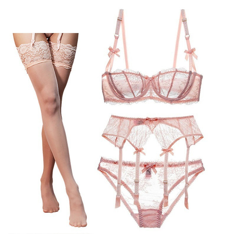 Sheer Lace Lingerie Set with Garter Belt & Stockings - Multiple Colors Half Cup Lace Bra Set Women