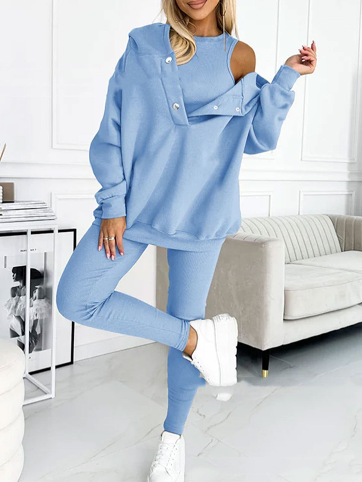 3-Piece Lounge Set – Cozy, Chic & Effortlessly Stylish For Women's Sports Suit Loose Hooded Pockets Sweatshirt And Vest And Slim Trousers