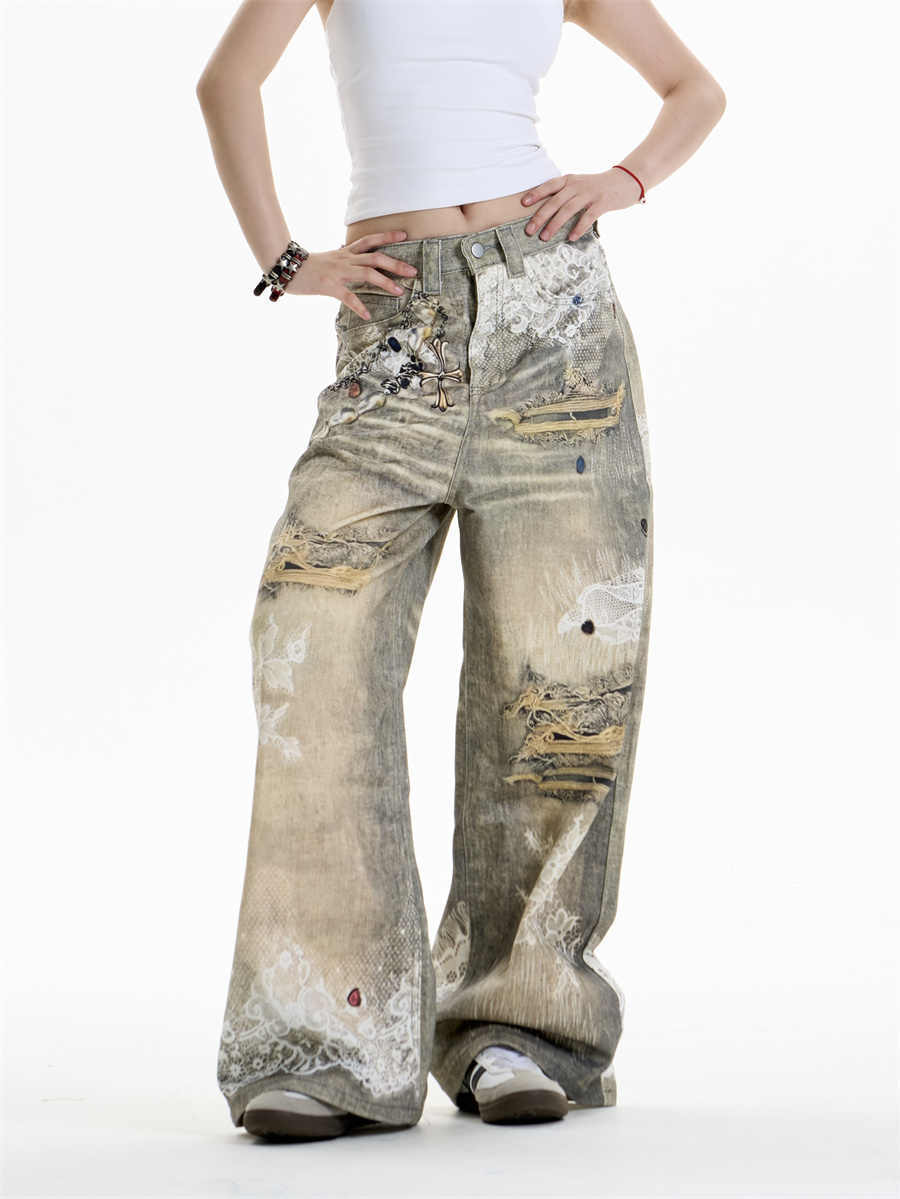 Cross Printed Jeans Women's Wide-leg Pants