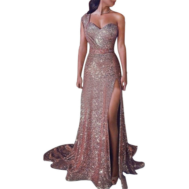 One-shoulder Sleeveless Bronzing Split Dress Women's Clothing