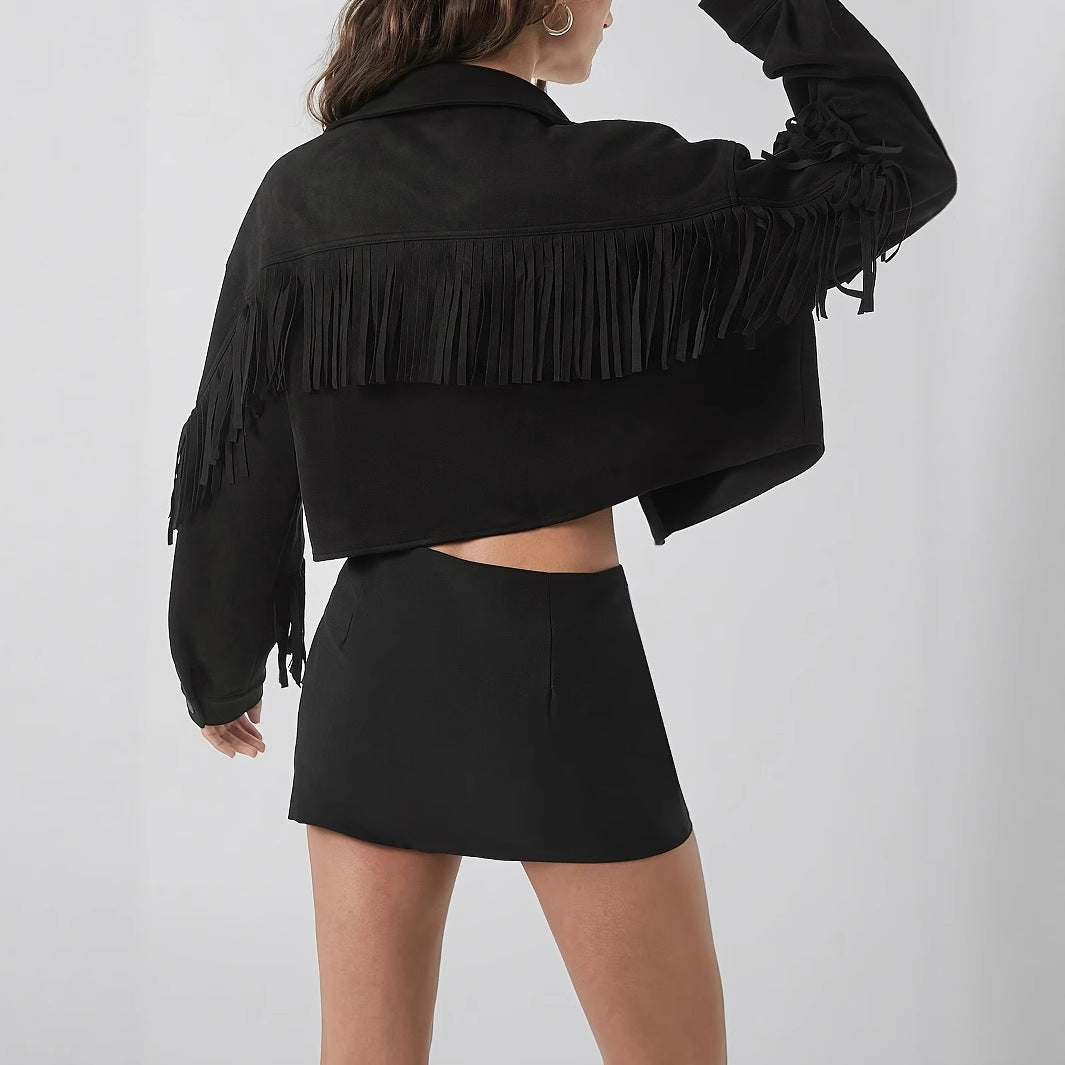 Solid Color Casual Fringe Decoration Long Sleeved Jacket