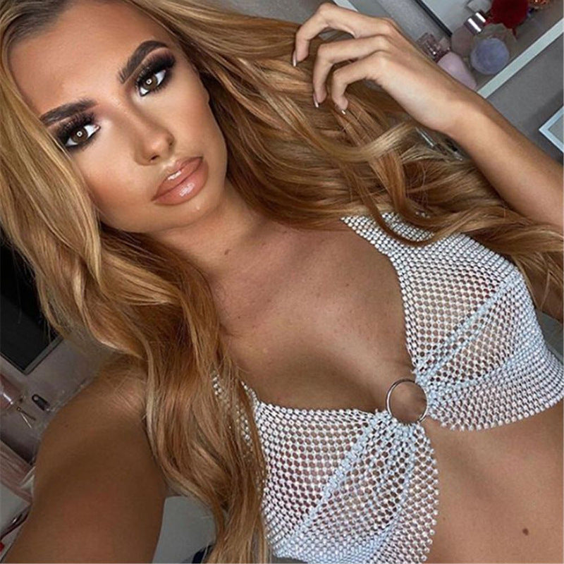 Rhinestone Chain Halter Top - Sparkly Party Crop Top Net Red Elastic Diamond Suspender Bra Women