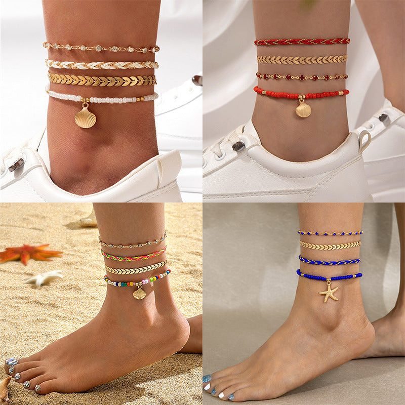 Boho Chic Layered Anklet Set - Multi-Strand & Shell Charm 4pcs Set Bohemian Woven Rope Foot Chain For Women Geometric Alloy Black Beads Dropping Oil Anklet Set Summer Fashion Jewelry