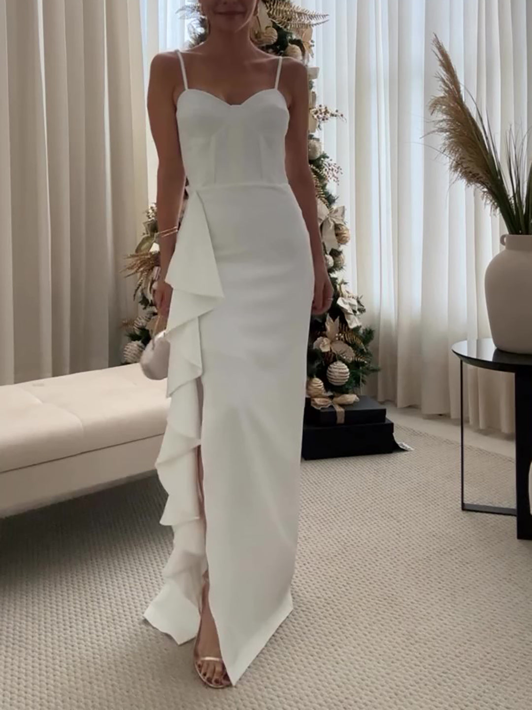 Elegant White Draped Detail Bodycon Gown with High Split White Ruffled Slit Suspender Dress