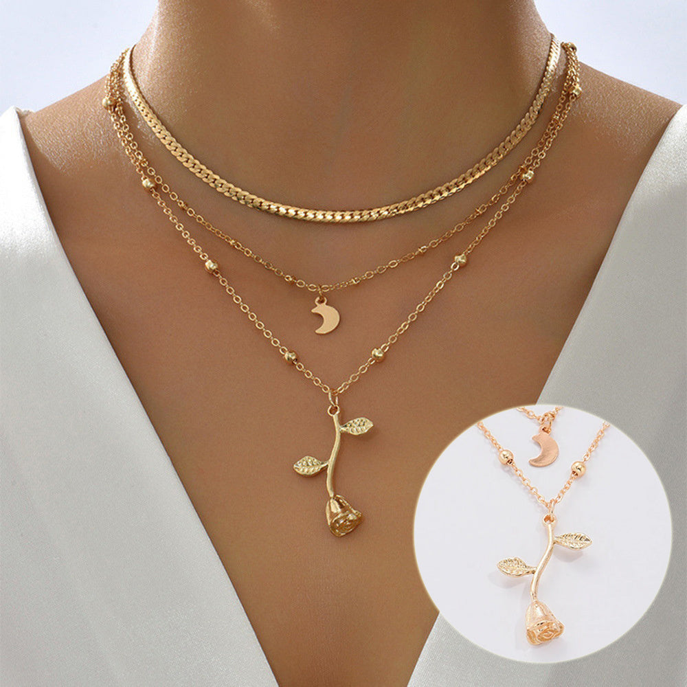 Bohemia Multilayer Moon Gold Color Pendant Necklaces For Women Rose Flower Choker Necklace