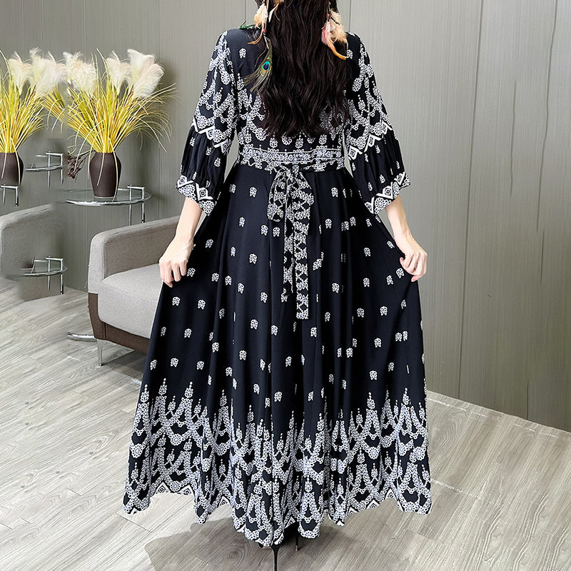 Bohemian Embroidery V-neck Dress, Elegant 3 4 Sleeve A-line Swing Maxi Dress