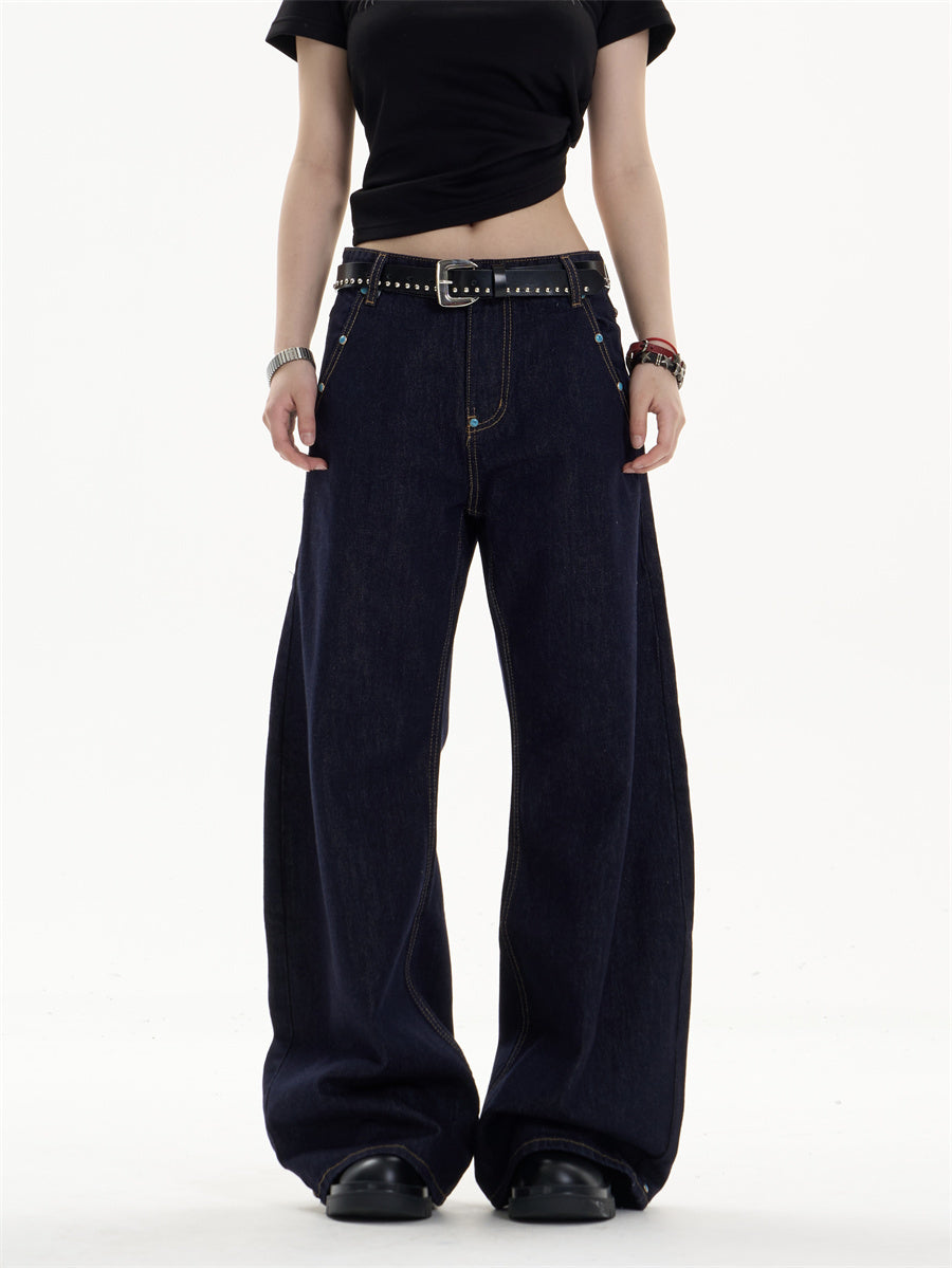 Retro Dark Blue Jeans Loose Straight Casual Wide-leg Pants