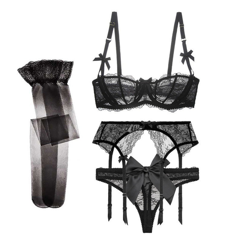 Sheer Lace Lingerie Set with Garter Belt & Stockings - Multiple Colors Half Cup Lace Bra Set Women