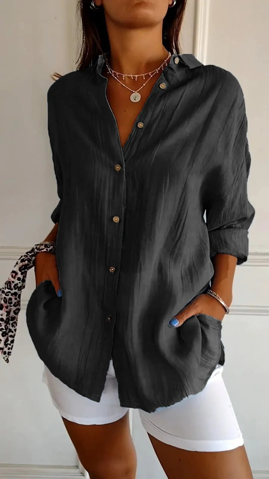 Lapel Long Sleeve Shirt Single-breasted Pleated Shirt For Women's