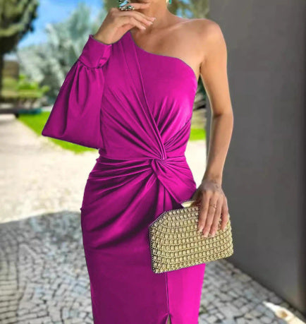 Diagonal Shoulder Knot Split Solid Color Slim Fit Dress