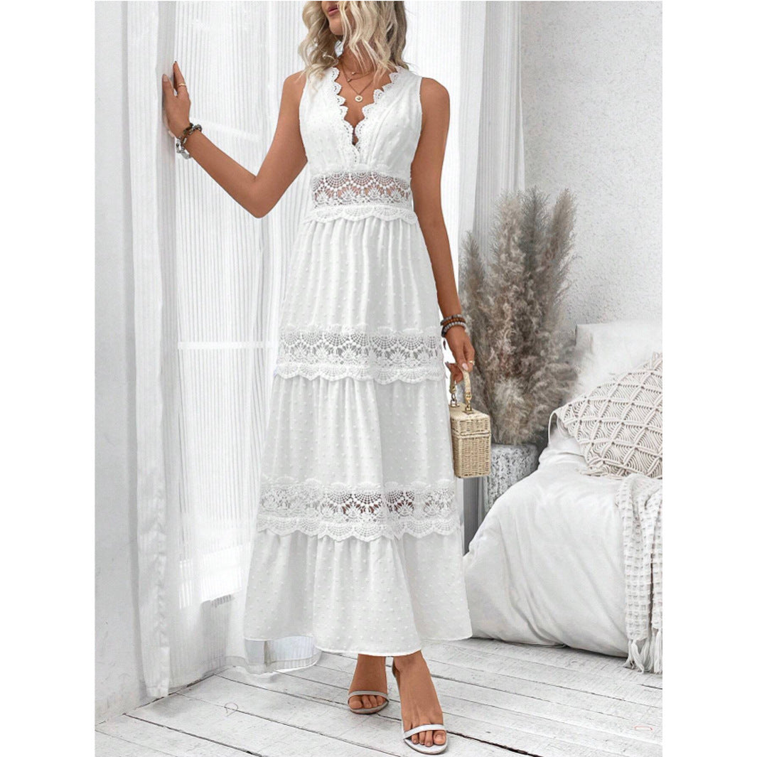 Lace Stitching V-neck Sleeveless Dress For Women's