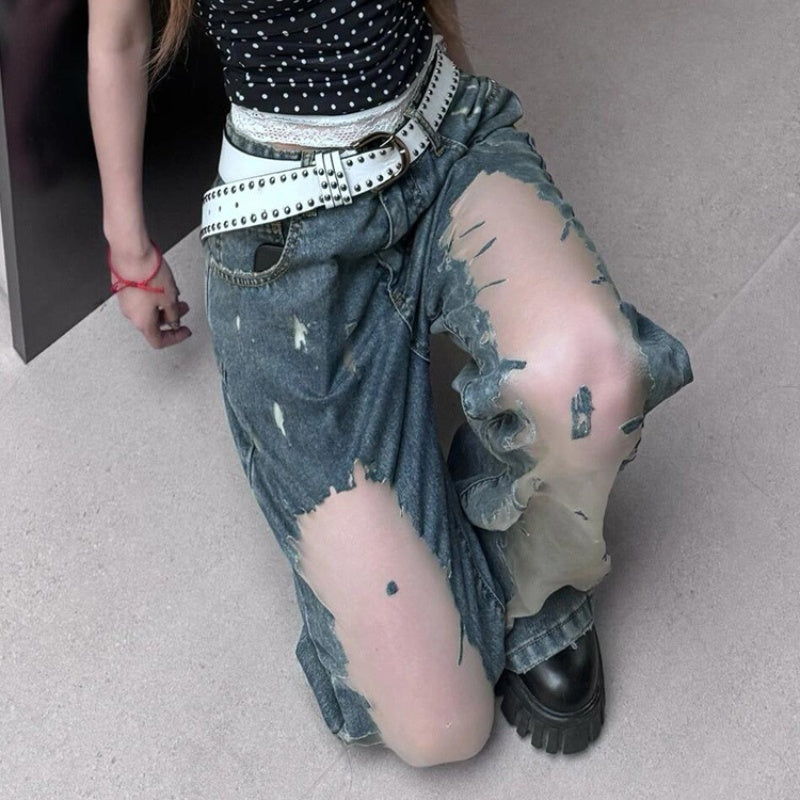 Y2K Grunge Distressed Mesh Jeans – See-Through Panel Streetwear Denim Retro Washed Ripped Jeans For Women Summer Hollow Out
