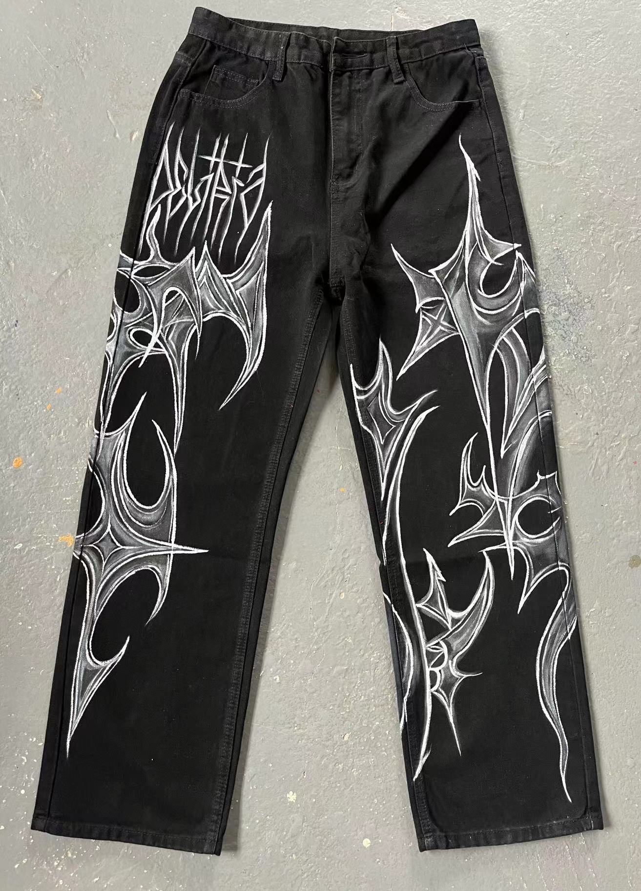 Tribal Flame Graffiti Jeans – Bold Streetwear for Alternative Style Black Jeans That Don't Fade American Street Graffiti Style For Men And Women