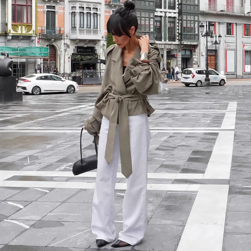 Large Lapel Lace-up Trench Coat Fashionable Jacket