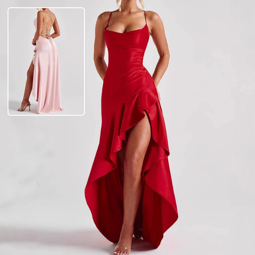 Backless Ruffles Irregular Dress Summer Fashion Evening Party Club Split Suspender Maxi Dresses Clothing