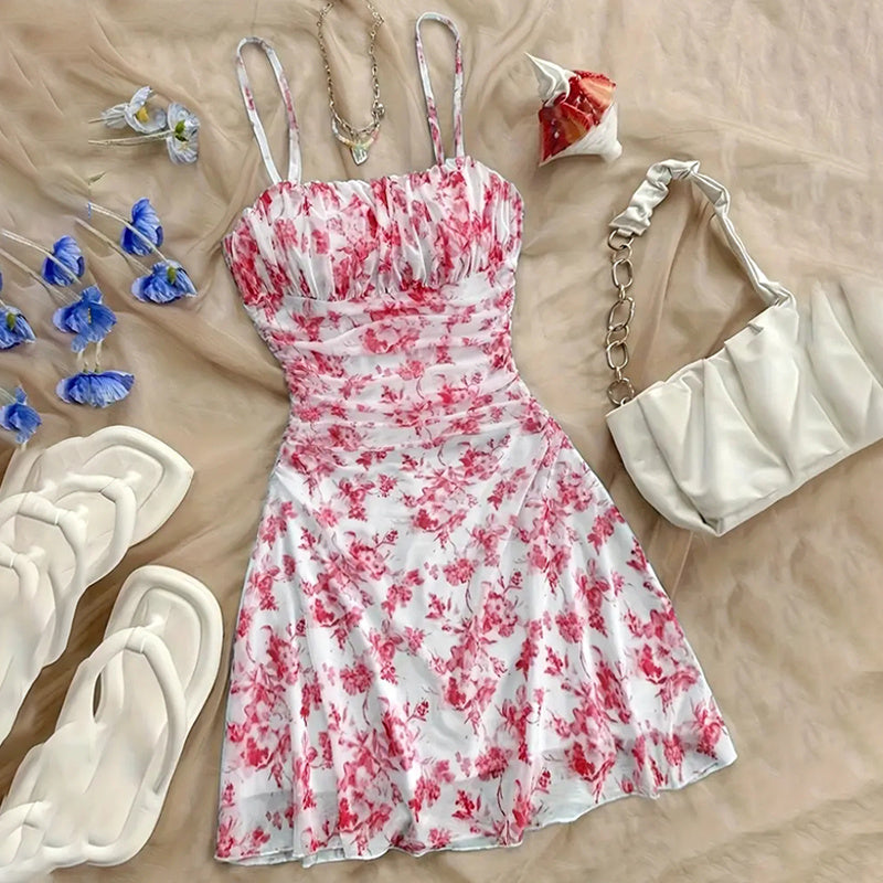 Boho Floral Print Mini Dress Spaghetti Strap Ruched Ruffle Hem Vacation Sundresses