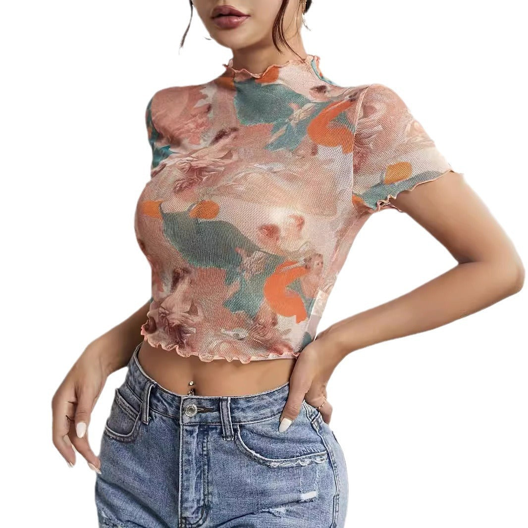 Elegant Mesh Floral Print Top Women's Clothing