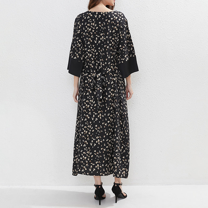 Ethnic Floral Print Tunic Dress With Belt, Middle Eastern Style Muslim Long Dress