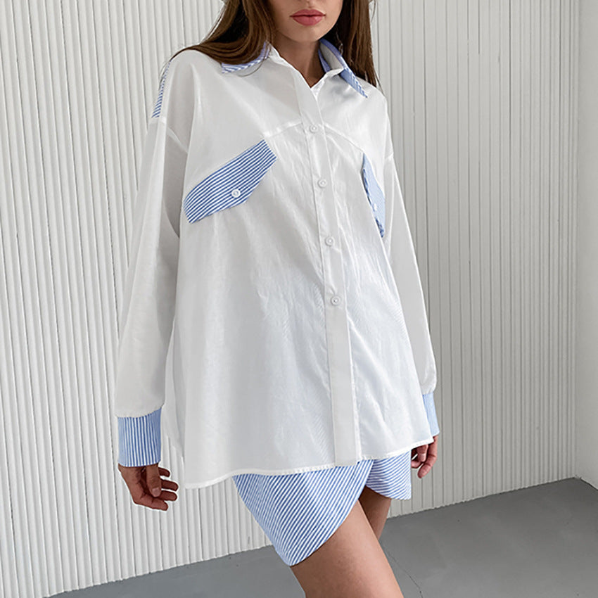 Blue And White Striped Stitching Shirt For Women Loose Outfit