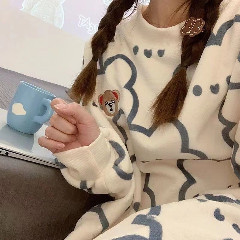 Cozy Bear Print Pajama Set - Soft Fleece Loungewear for Women Foreign Flannel Pajamas Suit Women