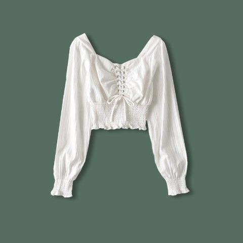 French Style Retro Square Collar Off-shoulder Top Tied Long Sleeves Court Style Puff Sleeve Shirt