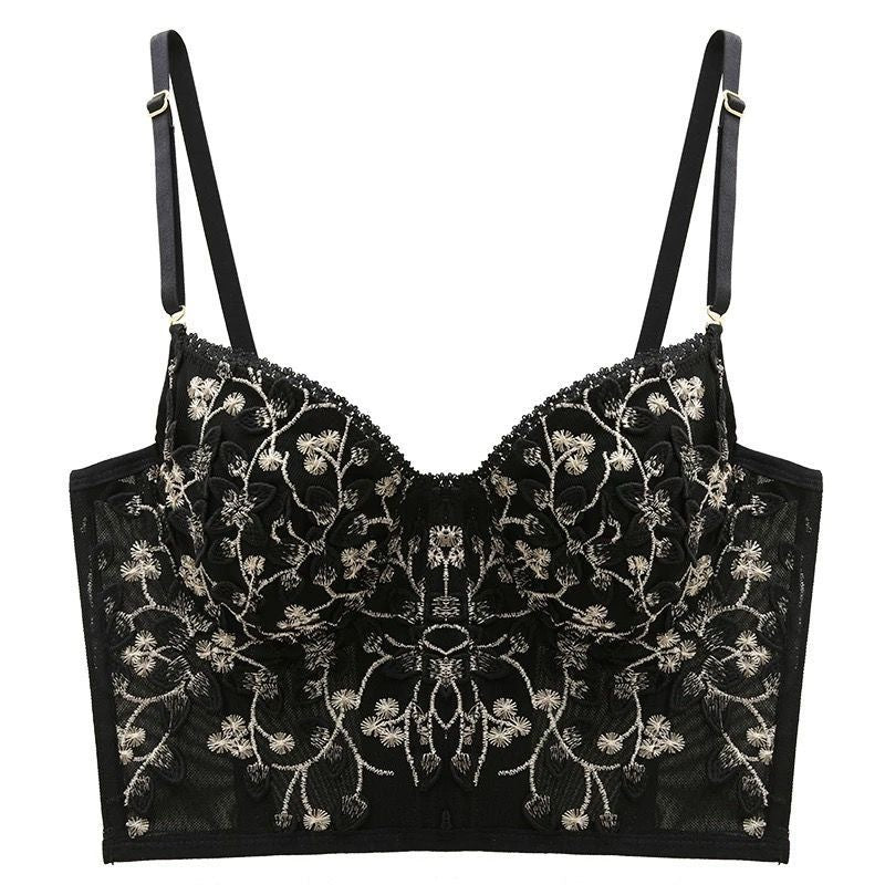 Floral Embroidered Bustier Lingerie - Sheer Lace Crop Top & Thong Set Women's French Embroidery Lace Bra