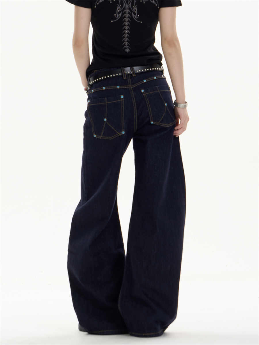 Retro Dark Blue Jeans Loose Straight Casual Wide-leg Pants