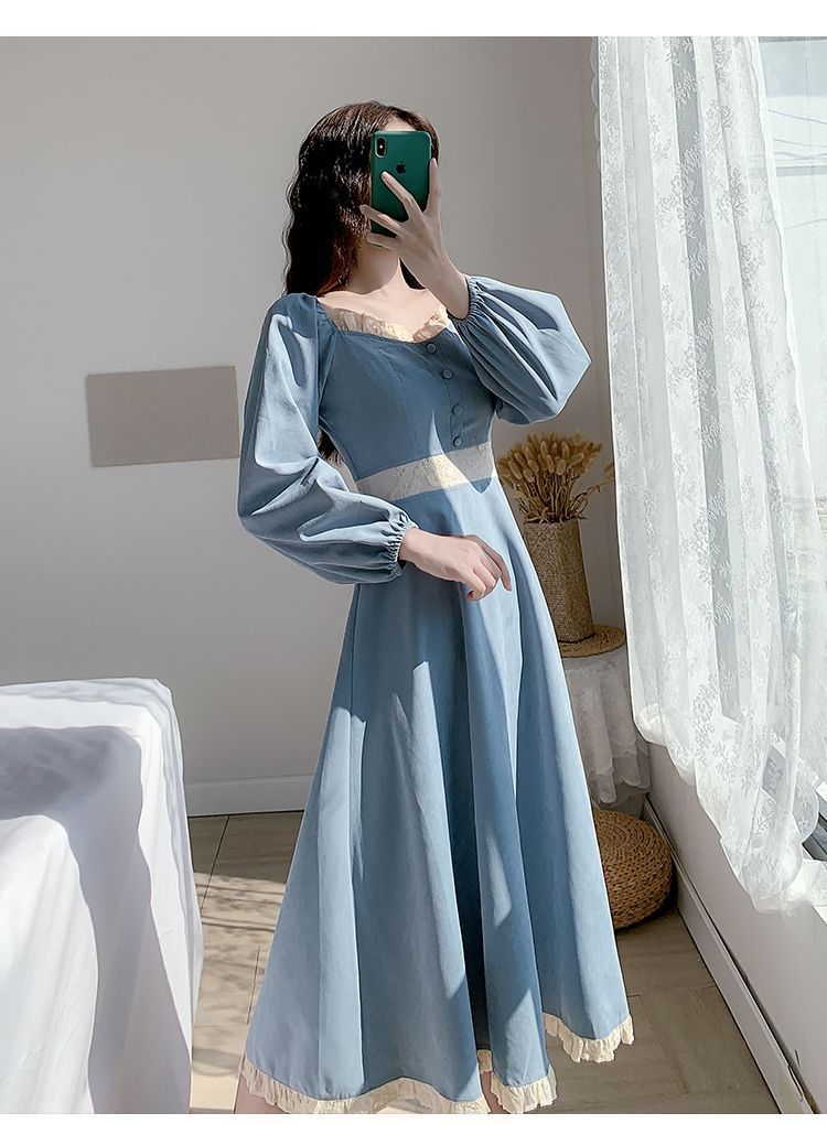 Elegant Vintage Style Long Sleeve Midi Dress French Retro Square Collar Dress