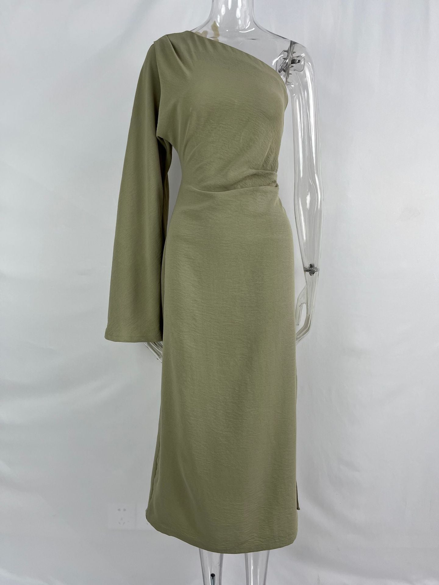 Oblique One-shoulder Silk Twill Texture Slim Dress For Women's