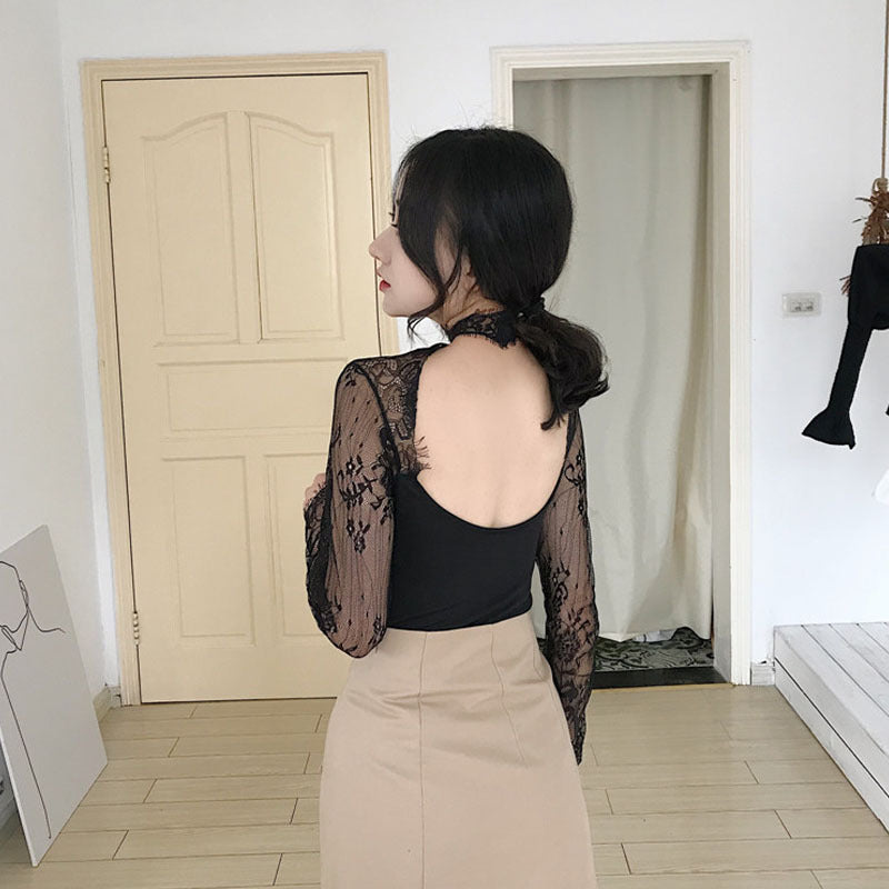 Sheer Lace Mock Neck Crop Top – Elegant Long Sleeve Layered Blouse for Women Design Sense Niche Spring Clothes Foreign Style All-match Long-sleeved Top Clothes
