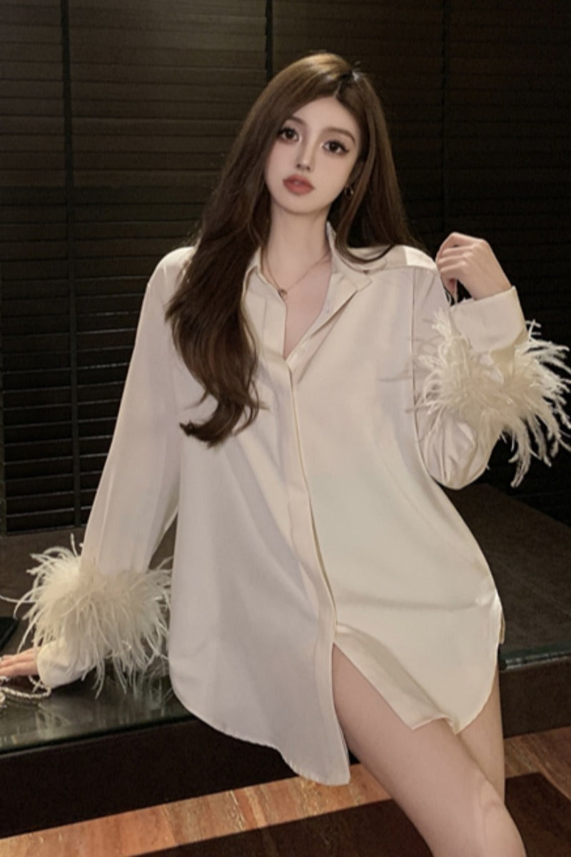 Fashion Mid-length Satin Shirt With Ostrich Fur Cuffs
