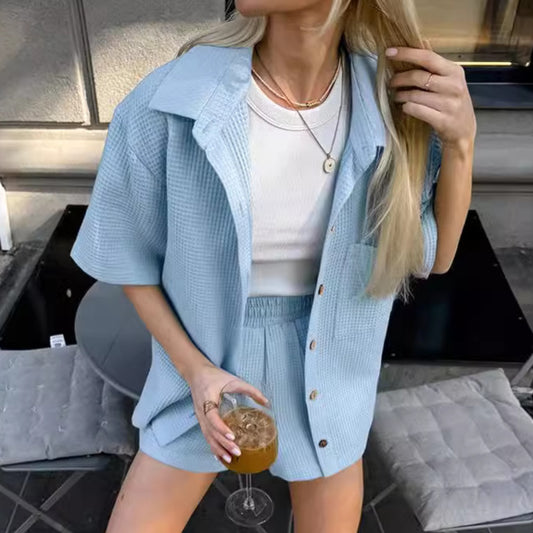 Two Piece Linen-Look Lounge Set | Short Sleeve Top & High Waist Shorts Fashion Lady Waffle Loose Outfit