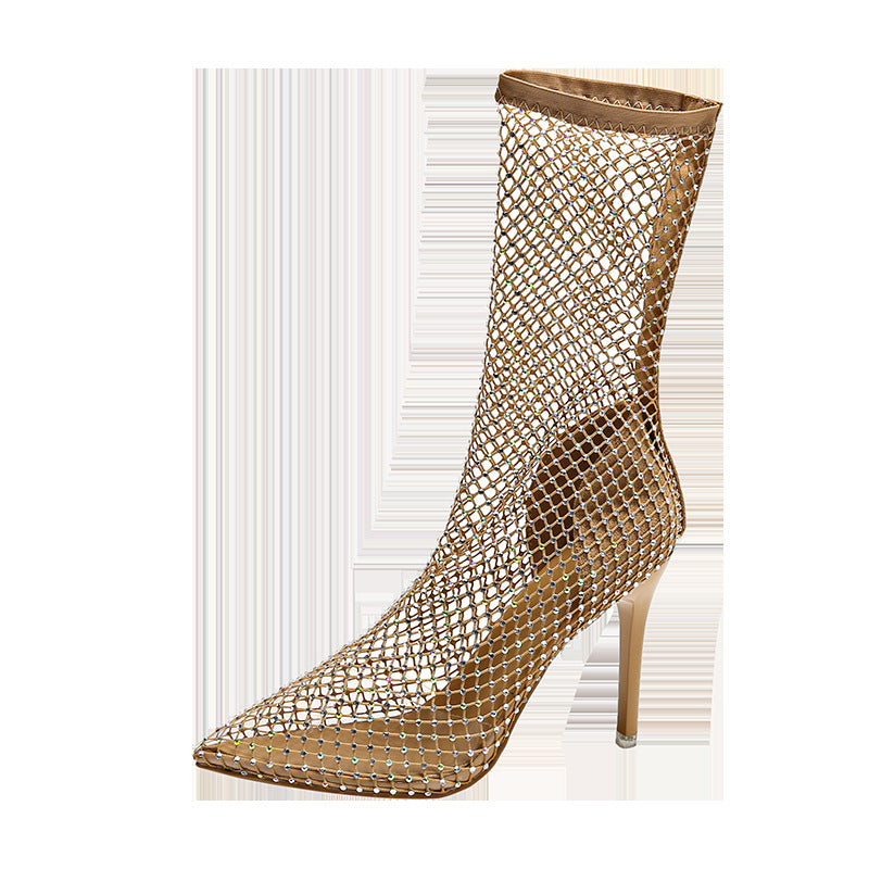 Glamorous See-Through Ankle Boots Heels | Bling Party & Club Footwear High Heel Sandals Pointed Stiletto Mesh