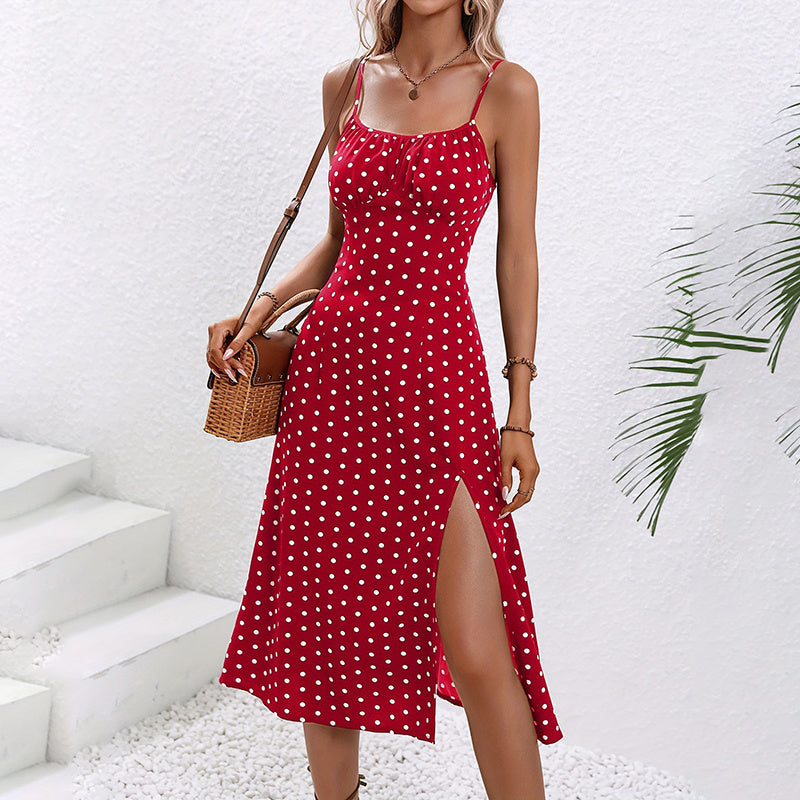 Summer Casual Boho Sundress Polka Dot Sleeveless Spaghetti Strap Backless Side Slit Dresses