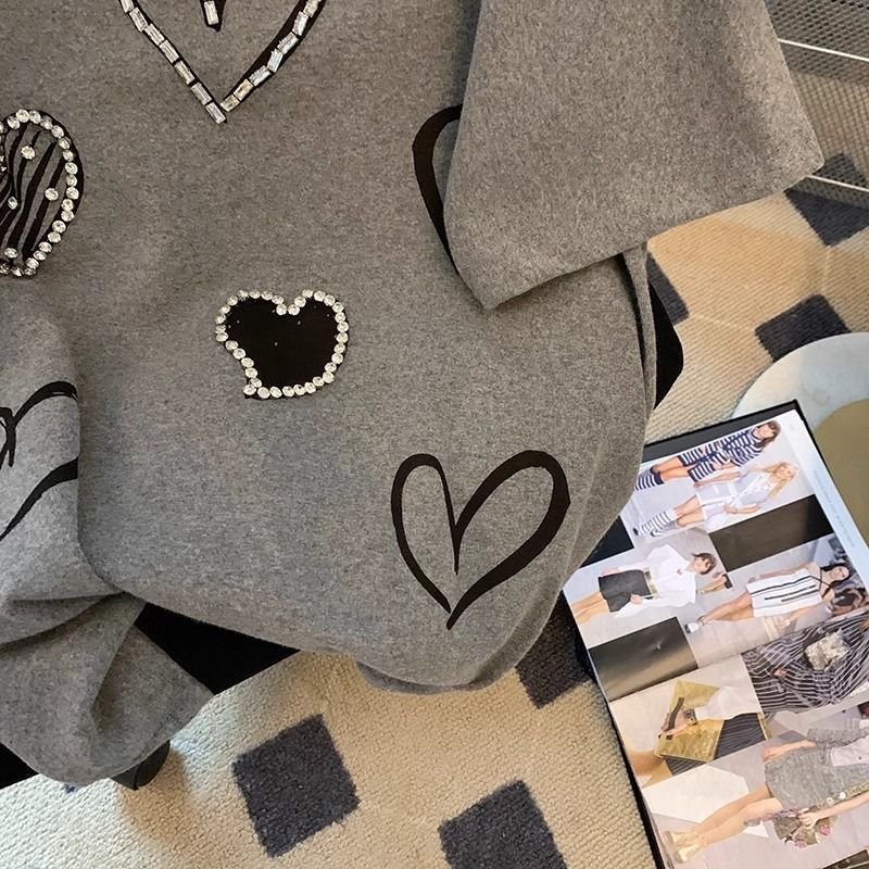 Gray Heart Shape With Diamond T-shirt For Women