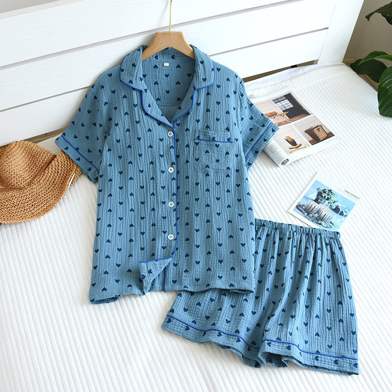 Cute Heart Print / Polka Dot Short Sleeve Pajama Set Double Layer Gauze Home Pajamas