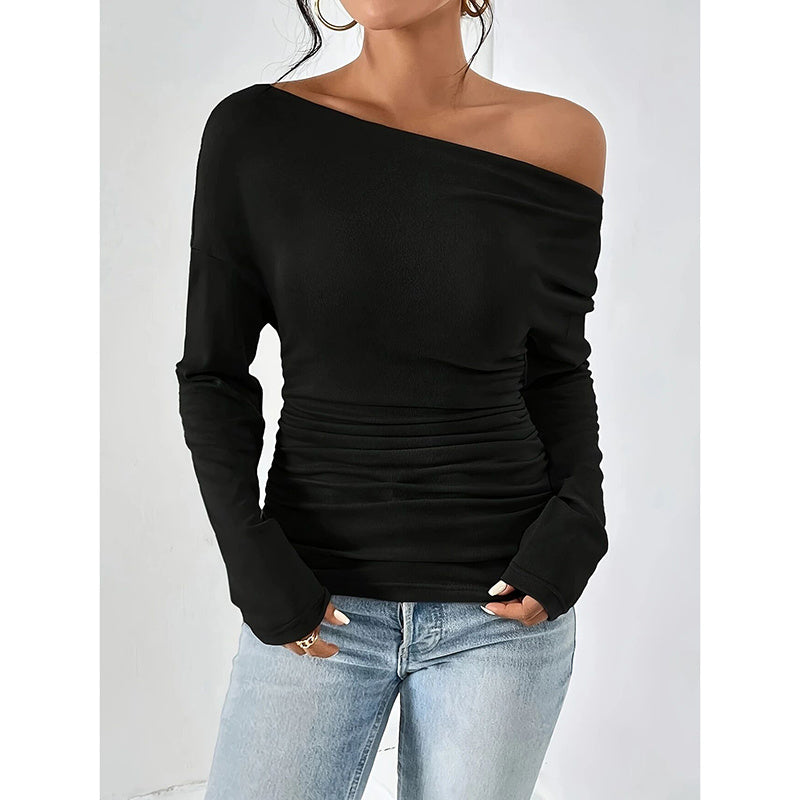 Off The Shoulder Tops Long Sleeve T Shirts Going Out Tops Casual Trendy Ruched Slim Fitted Tees