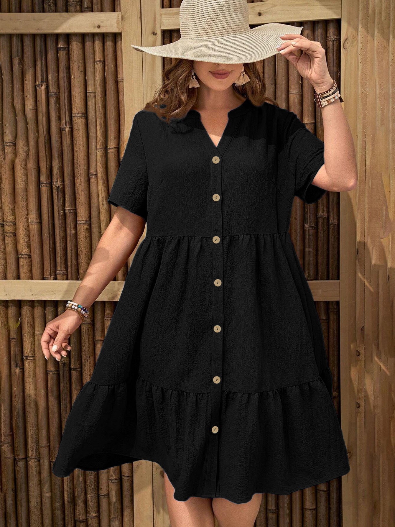 Plus Size Buttoned Dress - Summer Casual V-Neck Short Sleeve Midi Dress