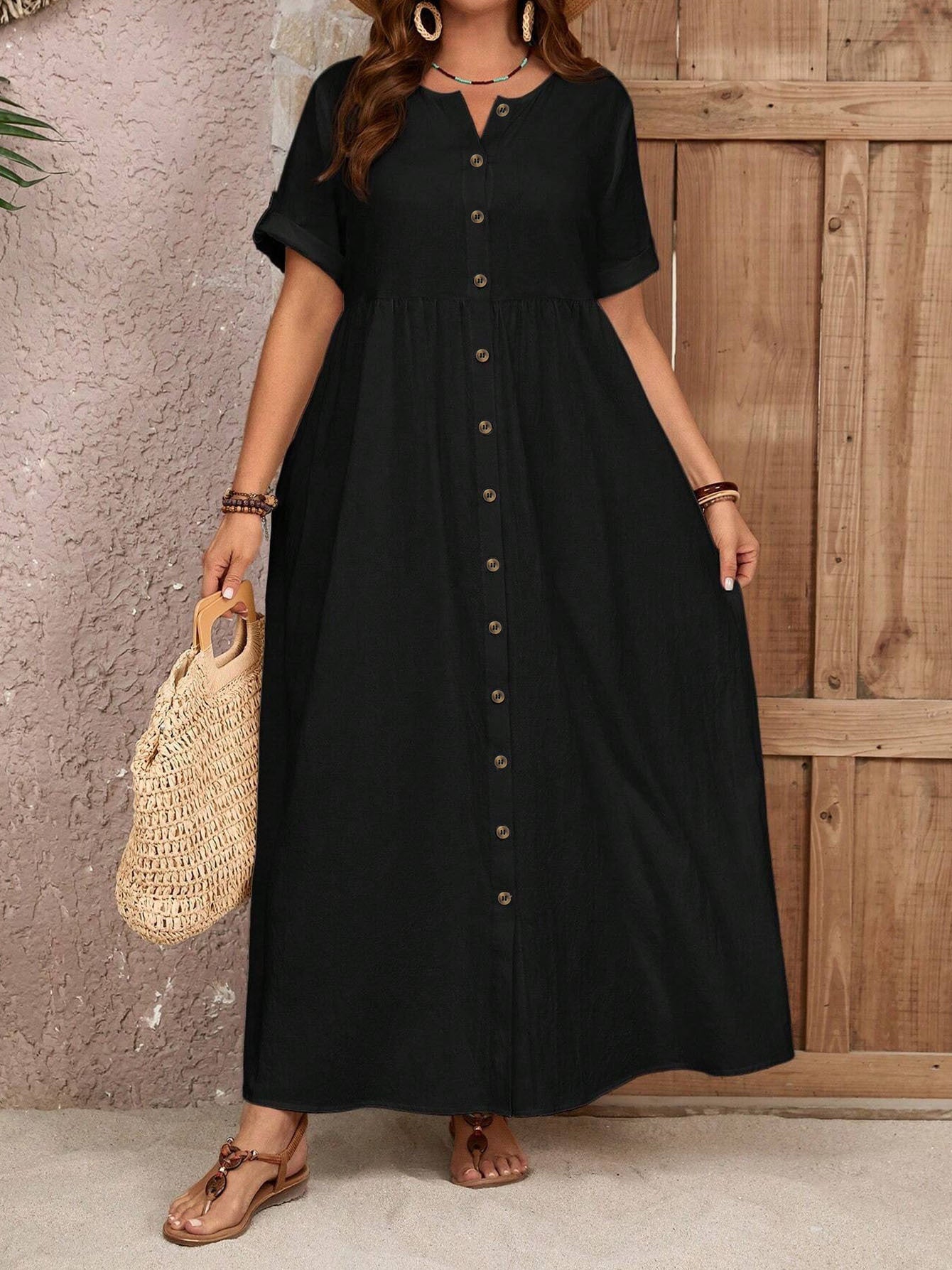 Button-Down Maxi Dress - Casual Summer Short-Sleeve Flowy Dress With Pockets