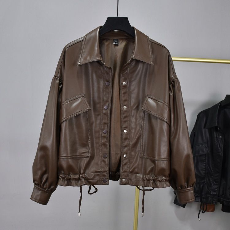 Korean Retro Bf Style Loose Black Leather Jacket For Women's