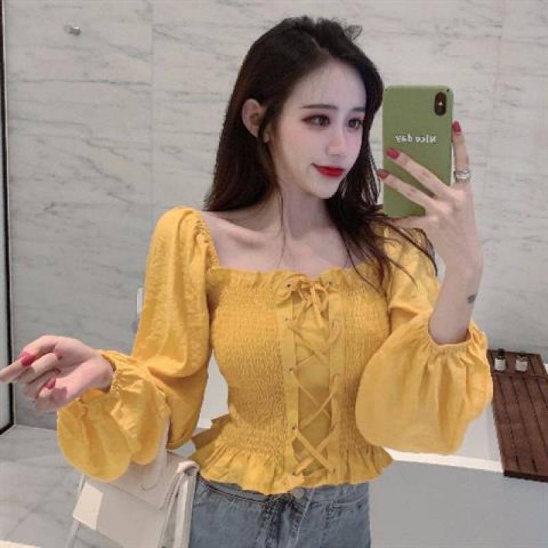 Elegant Off-Shoulder Shirred Crop Top | Long Sleeve Ruched Blouse Women's Short One Shoulder Chiffon Shirt Top