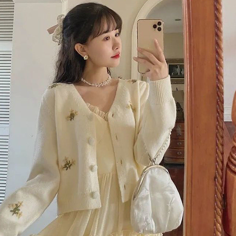 Korean Style Cropped Embroidered Knit Top - Casual & Elegant Long Sleeve Top Korean Short Thin Sweater Jacket