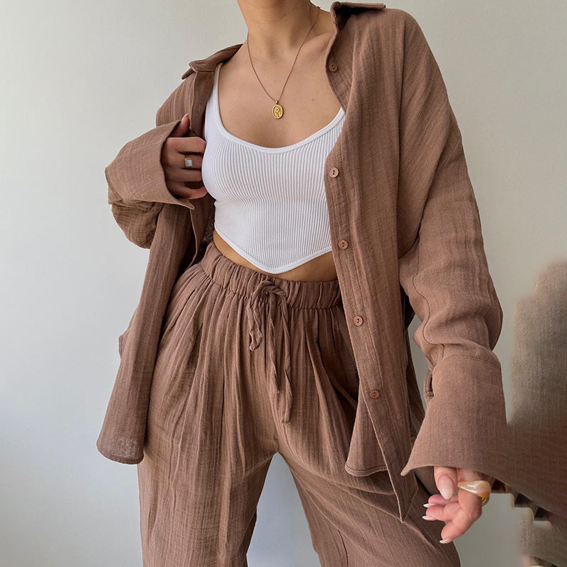 Solid Color Lapel Collar Long Sleeve Shirt & High-Waist Pants Set - Casual Loose Fit Outfit