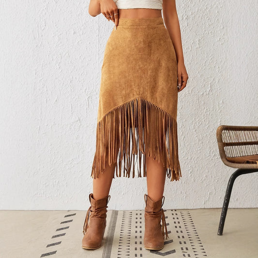Western Style Imitation Suede Fringe High Waisted A-line Skirt For Women's