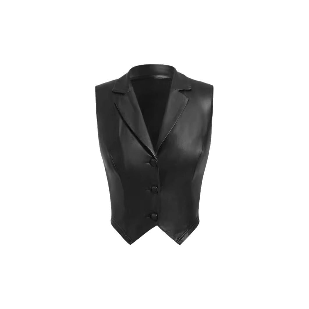Leather Suit Collar Short Shipment Button Vest Top For Women's