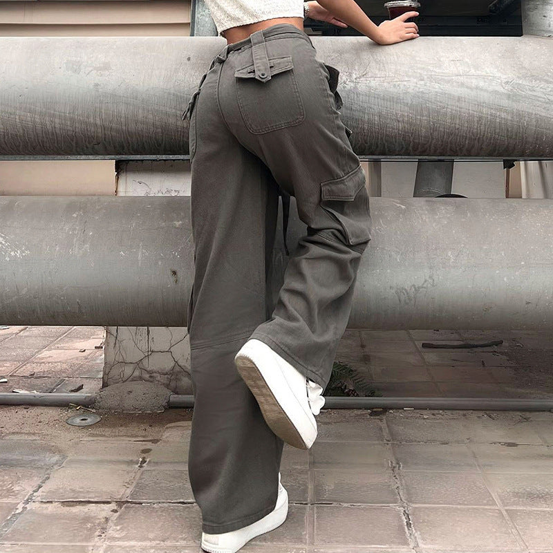 Tactical Chic – Where Street Meets Utility Vintage Multi Pocket Belt Casual Workwear Jeans Women